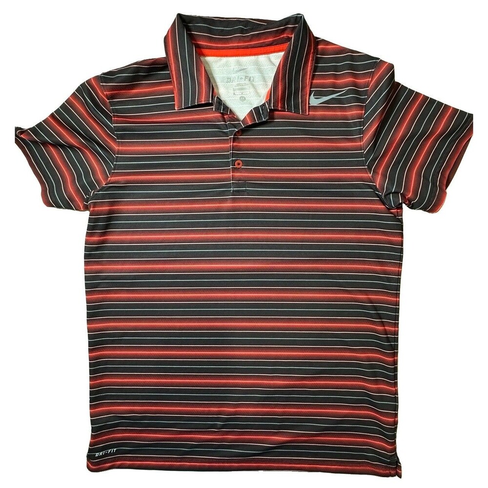 Nike Polo Shirt Mens Medium Striped Red Neon Dri Fit
